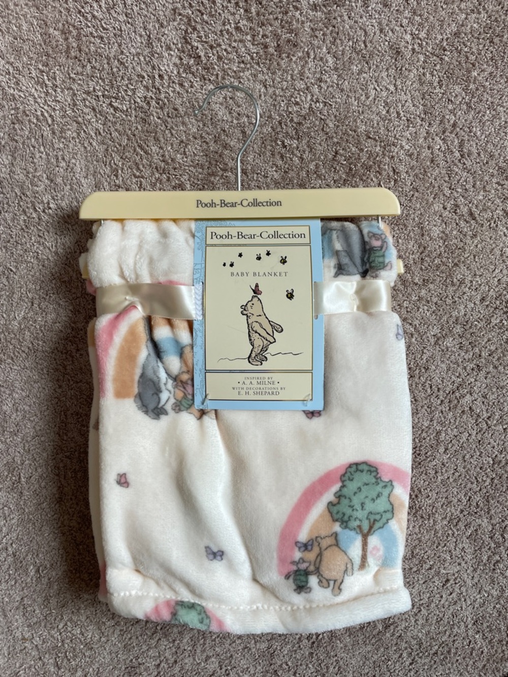 Classic Pooh Bear Cream Baby Blanket Rainbow Pastel Animal & Tree Print